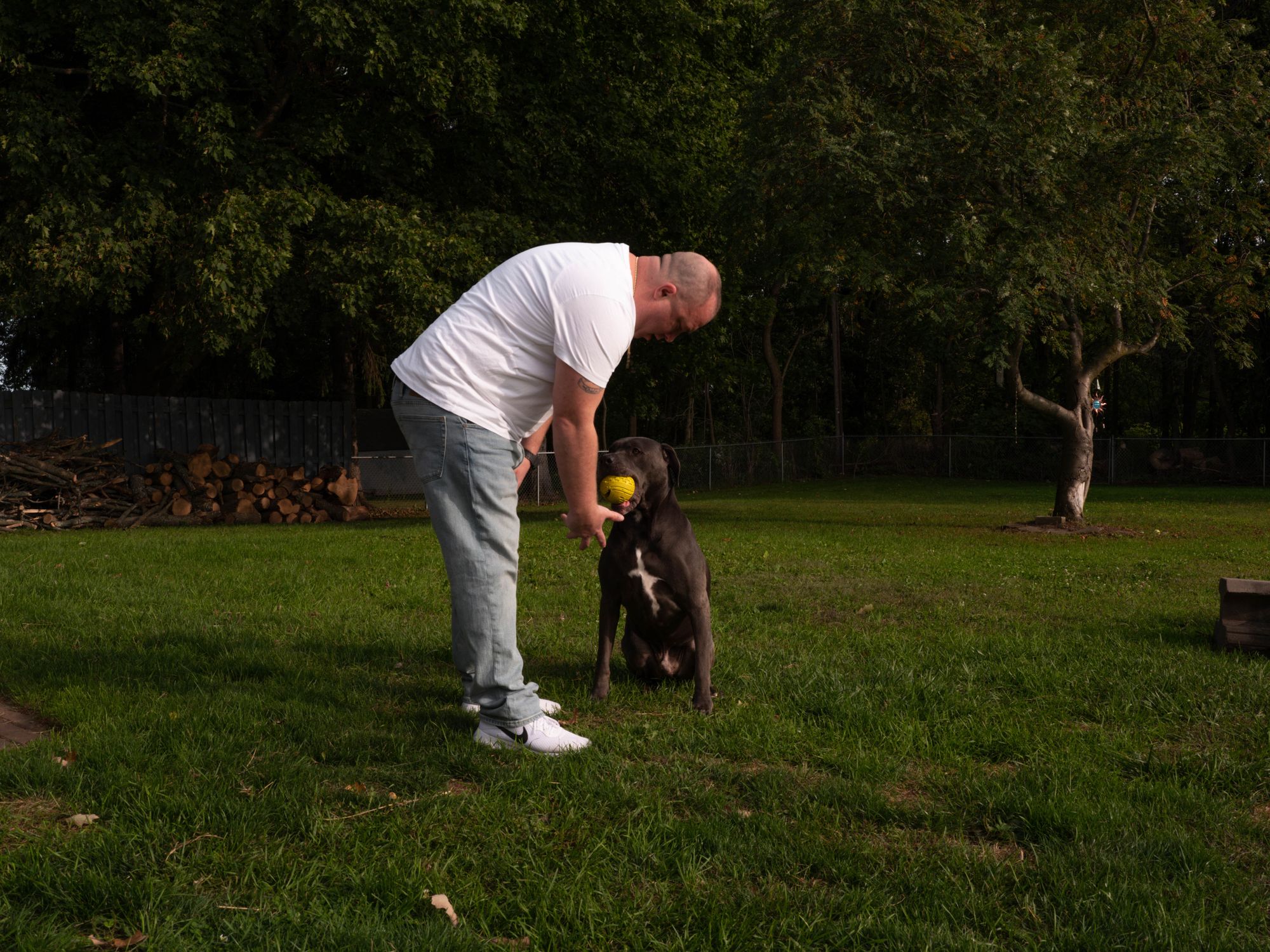 Playing with Diesel, his dog. 