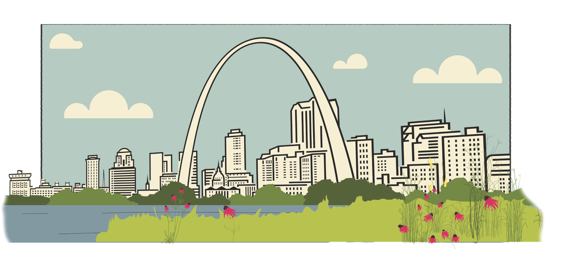 Illustration of the St. Louis skyline across the river, with foliage in the foreground.