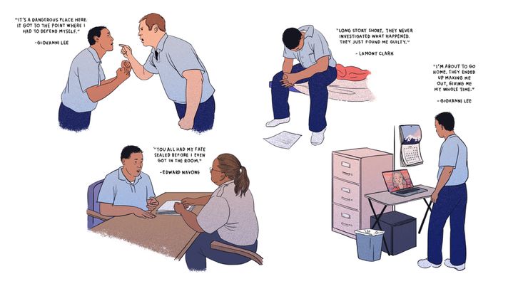An illustration shows a man with medium skin tone and black hair wearing a blue prison uniform in four scenarios. Clockwise from the top left: The man raises his fists in front of a White man in a prison uniform who is yelling and pointing at him; the man sits on his bed with his head down, looking at a piece of paper; the man sits at a table in front of a woman with a ponytail and medium-dark skin tone; the man stands in an office in front of a laptop, where a woman on a screen is speaking to him. There are four quotes around the figures that read: “It’s a dangerous place here. It got to the point where I had to defend myself.” - Giovanni Lee, “Long story short, they never investigated what happened. They just found me guilty.” - Lamont Clark, “You all had my fate sealed before I even got in the room.” - Edward Navone, and “I’m about to go home. They ended up maxing me out, giving me my whole time.’”- Giovanni Lee