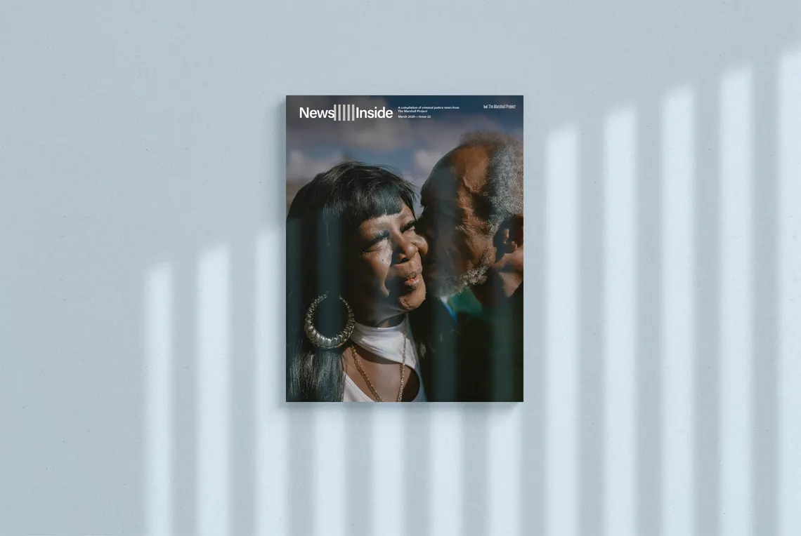 A magazine called News Inside set against a grainy light blue backdrop. Light refracted through prison bars shines onto the magazine.