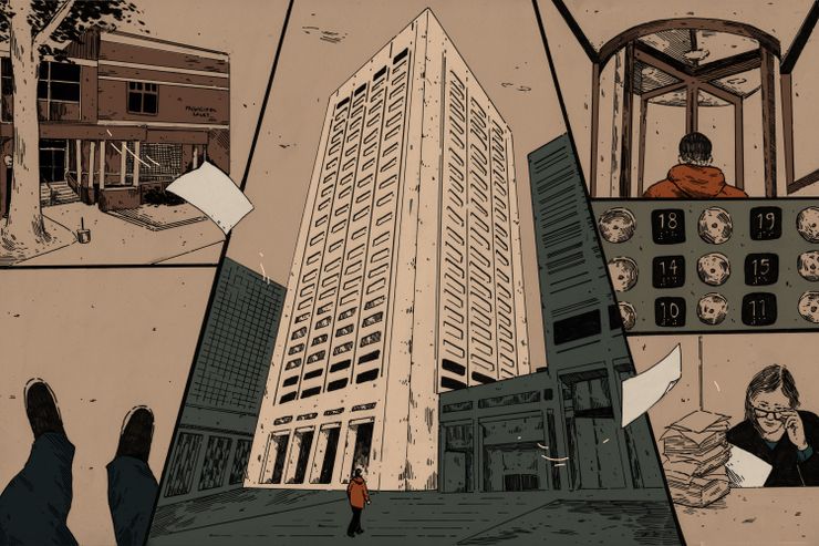 An illustration shows, clockwise from bottom left: a person's feet representing someone arriving to court; a view of the exterior of a municipal court; the Cuyahoga County Court; a person going through a revolving door; elevator buttons; and a judge looking at a stack of papers. Two pieces of paper float throughout the illustration.  