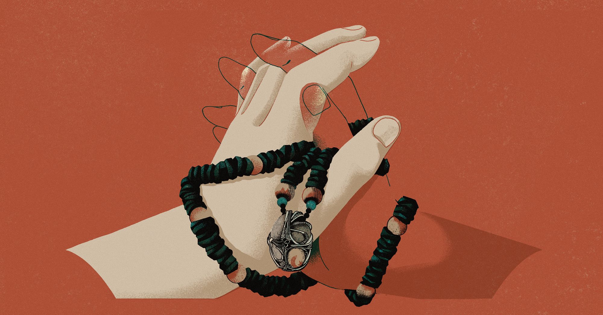 A illustration shows two hands with fingers interlaced against an orange background. The hand on the left is solid and off-white colored, and the hand on the right is translucent. A necklace in teal, black and orange is wrapped around the hands. 