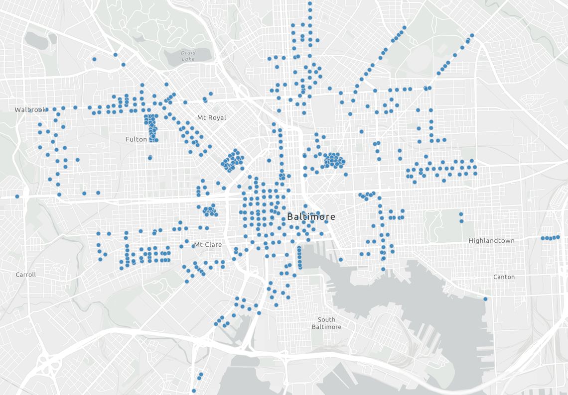 A gray and white map shows locations of closed-circuit television cameras marked with blue circles. 