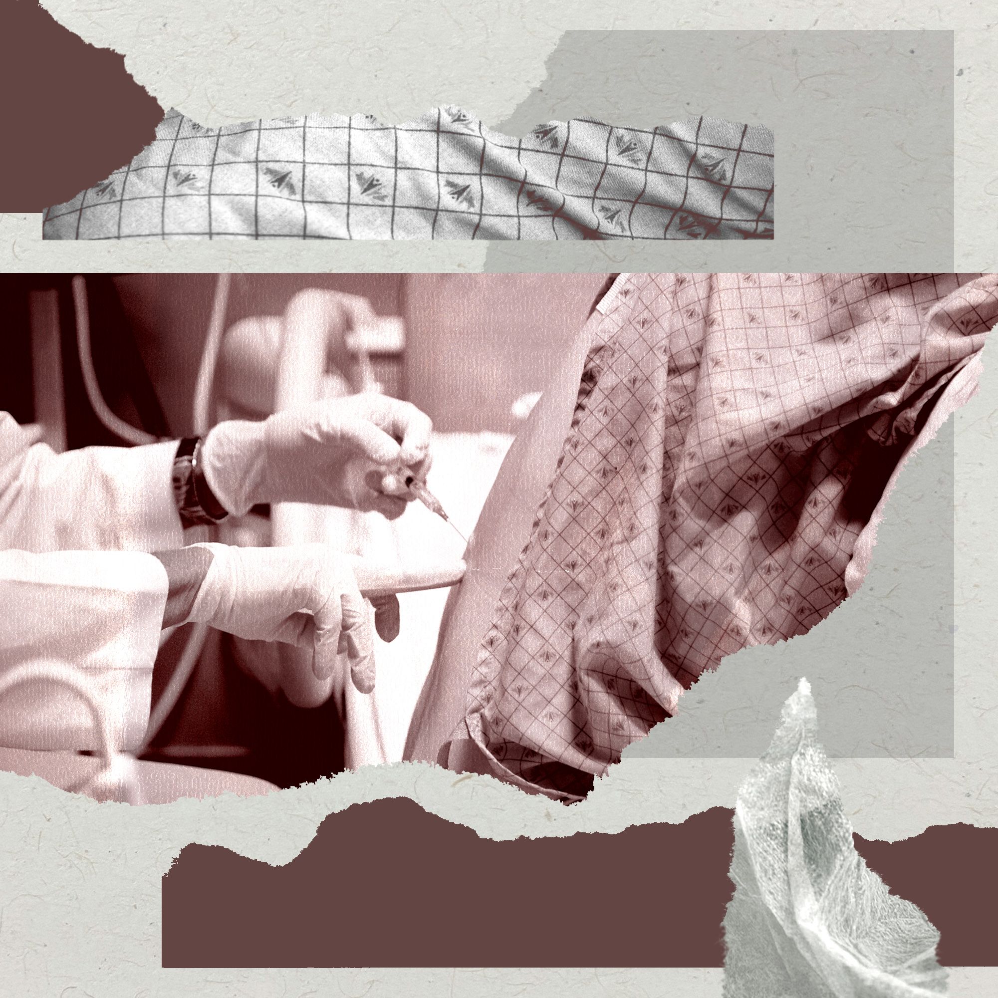 A collage shows images of a doctor administering an epidural injection on the back of a patient, a hospital gown and a hair net.