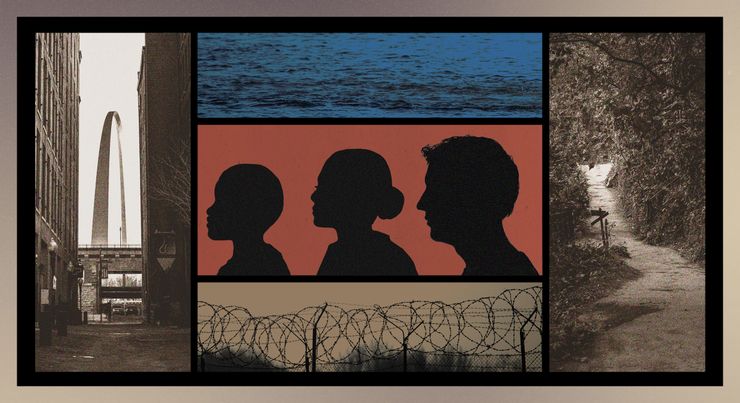 A collage illustration shows images of the city of St. Louis, a river, three silhouettes, barbed wire, and a pathway surrounded by foliage. 