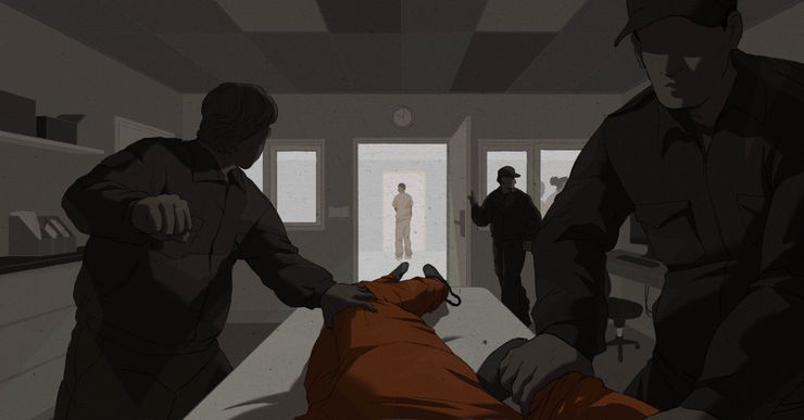 An illustration shows two correction officers holding down an incarcerated man wearing an orange jumpsuit while nurses stand outside in the hallway.