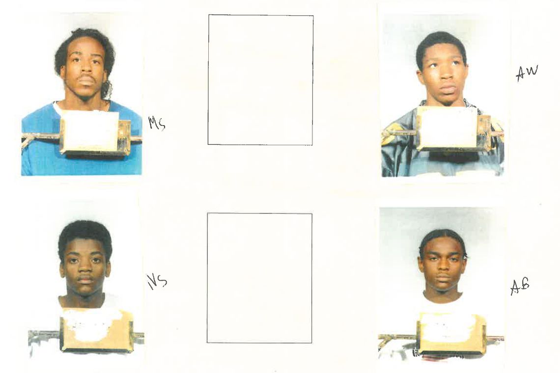 A gas station cashier looked at photos of all four suspects on August 2, 2000, three days after the robbery, identifying Martez Shadwick and Antoine Bankhead as the two robbers. Four weeks later, police showed her this photo array containing all four suspects, some of whom have different hairstyles, lighter complexions, and brighter lighting. This time around, the eyewitness identified Shadwick, top left, and Washington, top right, as the two robbers.