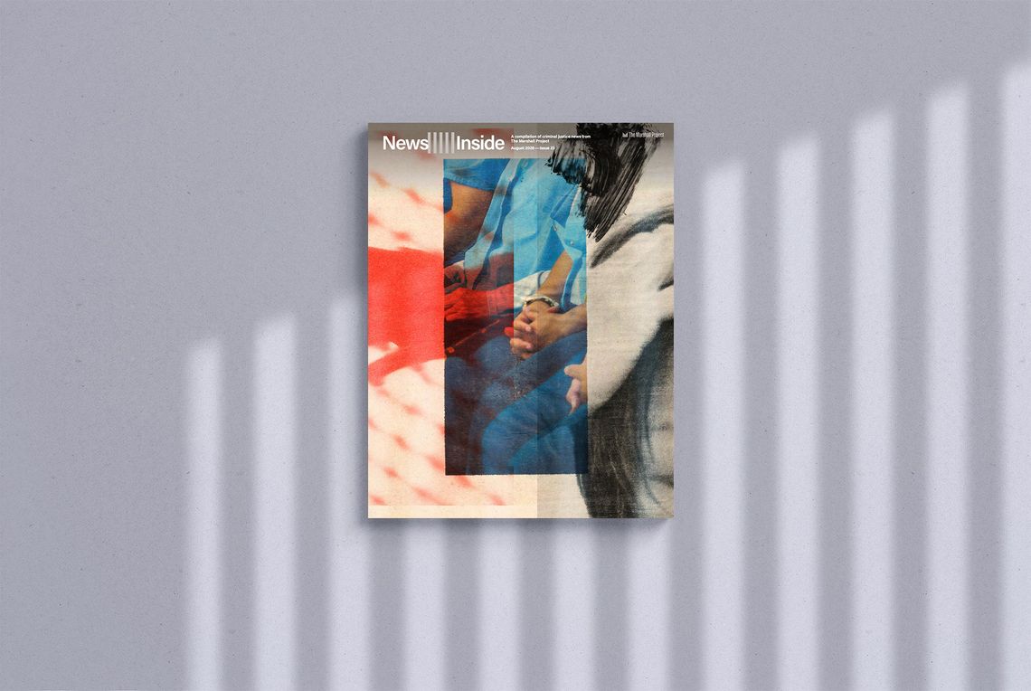 A magazine called News Inside set against a grainy gray backdrop. Light refracted through prison bars shines onto the magazine.