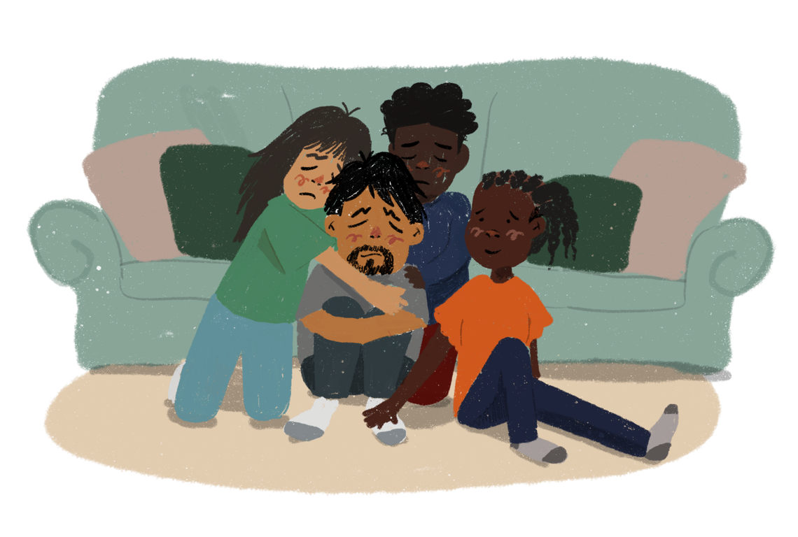 An illustration shows a brown person being hugged and consoled by family members. A green couch with pillows is in the background. 