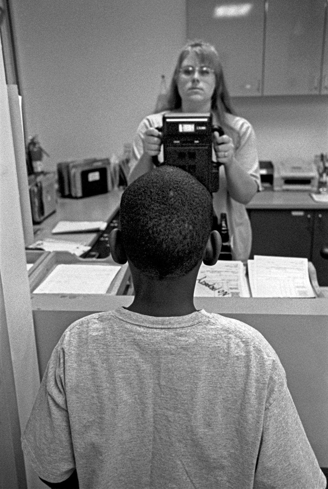 A 12-year-old boy photographed at the receiving department of Santa Clara Juvenile Hall. (San Jose, 1999)