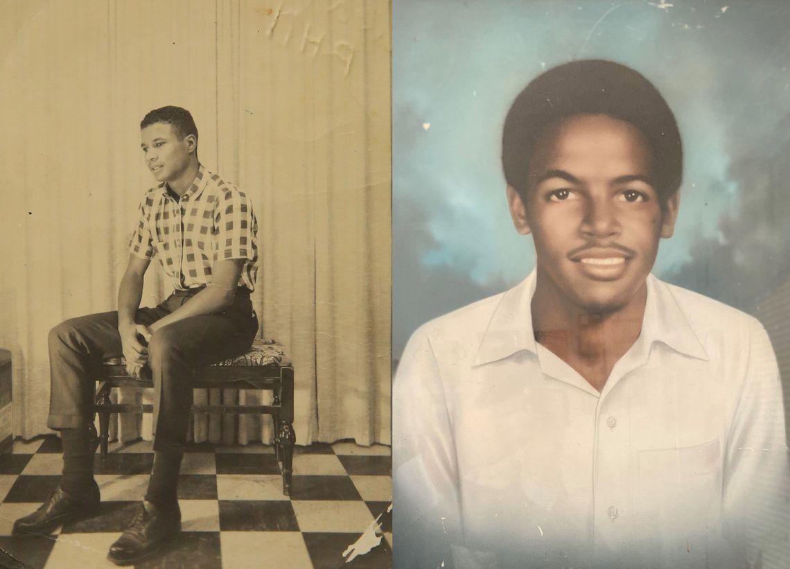 A photo diptych shows a sepia-toned photo of a young Black man, left, and a color photo of a Black teenager. The man on the left is wearing a checked shirt, and the teenager is wearing a white button-down shirt. 