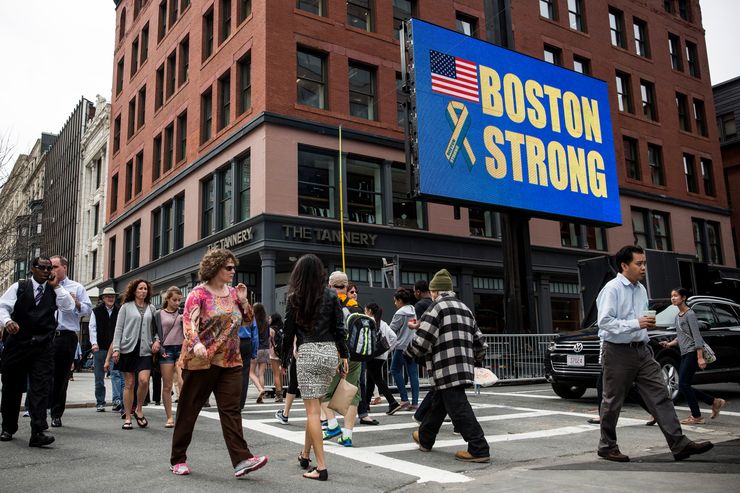 A electronic billboard near the finish line of the Boston Marathon in April 2014, a year after the bombings.