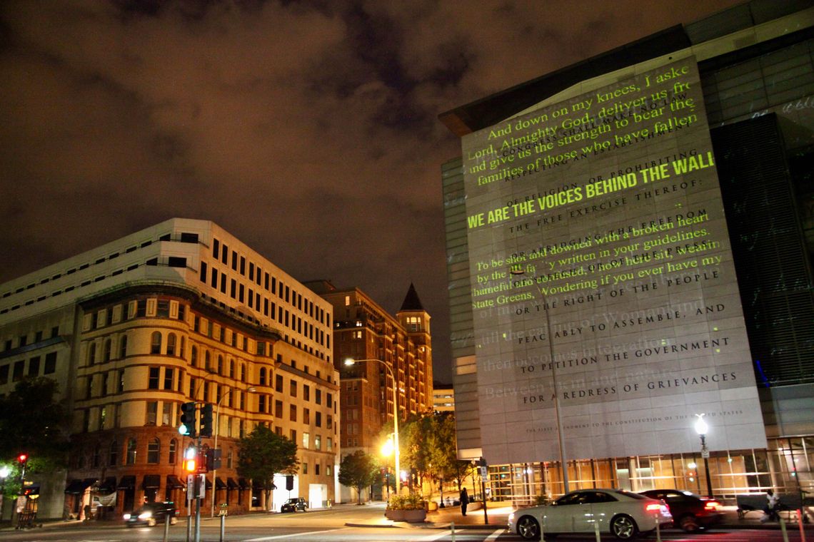 A projection on the former Newseum building in Washington, D.C. “Our priority was how can we keep this installation going, keep these words alive in this moment where they're needed the most?” said Baz Dreisinger, who helped conceive the exhibit. 