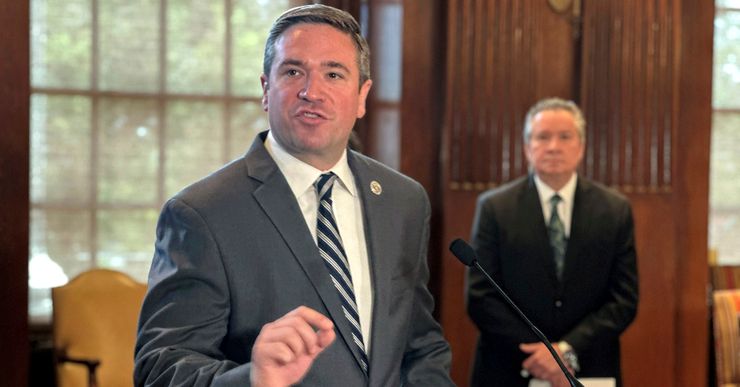 Missouri Attorney General Andrew Bailey speaks during a conference at the Missouri State Capitol in Jefferson City on Aug. 1, 2024. Bailey has aggressively pushed back on efforts by local prosecutors and judges to toss out convictions of people with innocence claims.