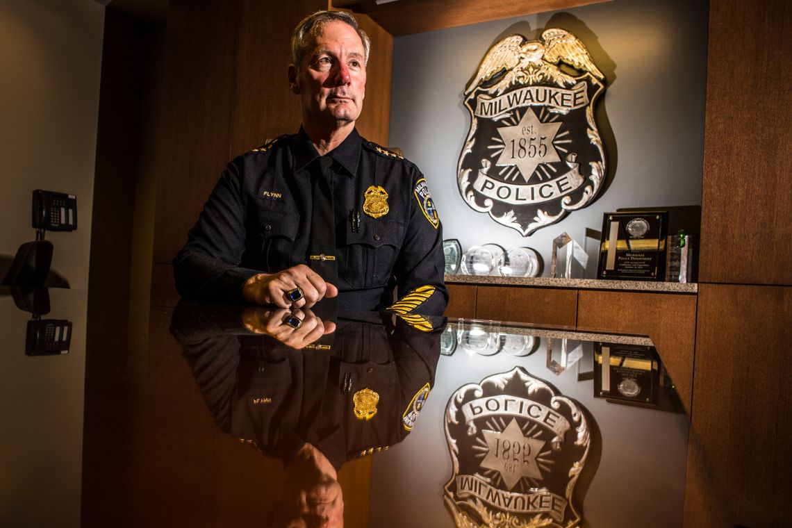 Milwaukee Police Chief Edward Flynn, pictured here in his office, was set on becoming a history professor until reading a 1967 Johnson Administration report entitled “The Challenge of Crime in a Free Society.” It opened his eyes to the “critical importance of police in a democratic society,” he says.