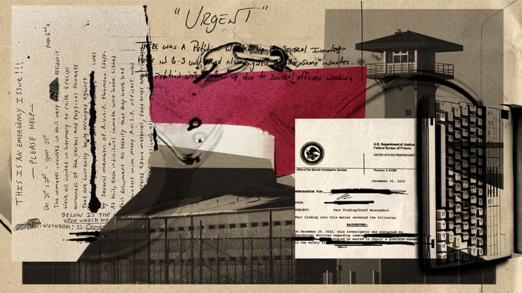 A collage illustration shows pieces of two handwritten letters with large print reading “URGENT” and “This is an emergency issue – please help.” A typed letter from the U.S. Department of Justice’s Federal Bureau of Prisons details the findings of an investigation into allegations of staff misconduct. Underneath these letters are images including the Thomson prison, handcuffs and a keyboard.