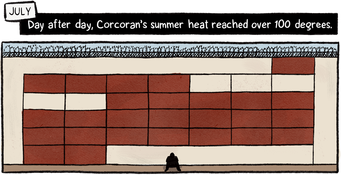 Concern turned from one climate threat to another. In July, summer heat plateaued over 100 degrees for weeks. A silhouetted figure sits in front of a wall with barbed wire. On the wall, a calendar shows only five days which were lower than 100 degrees.
