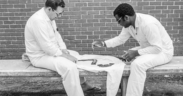 Raymond Riles, right, with Ronald O’Bryan at the Ellis Unit in Huntsville, Texas, in 1979. In that era, incarcerated people on death row could go to the exercise yard for three 90-minute periods a week.  