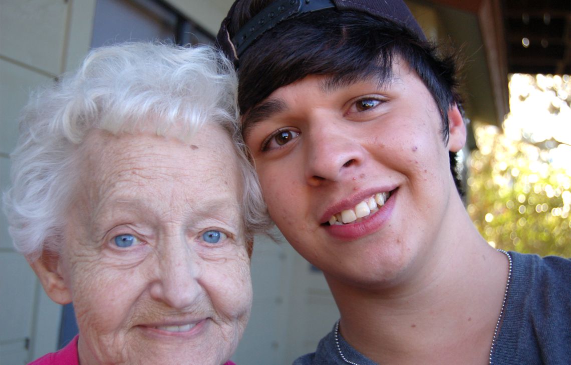 Alex Grothues, right, when he was 18, with his grandmother, Peggy Goodman.