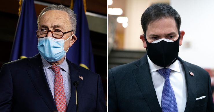 Senate Minority Leader Chuck Schumer, left, and Senator Marco Rubio in Washington in December. 