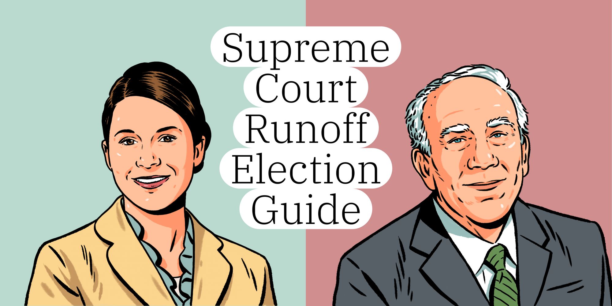 An illustration shows portraits of judicial candidates Jenifer B. Branning, left, and Jim Kitchens, right, and the words “Supreme Court Runoff Election Guide.”