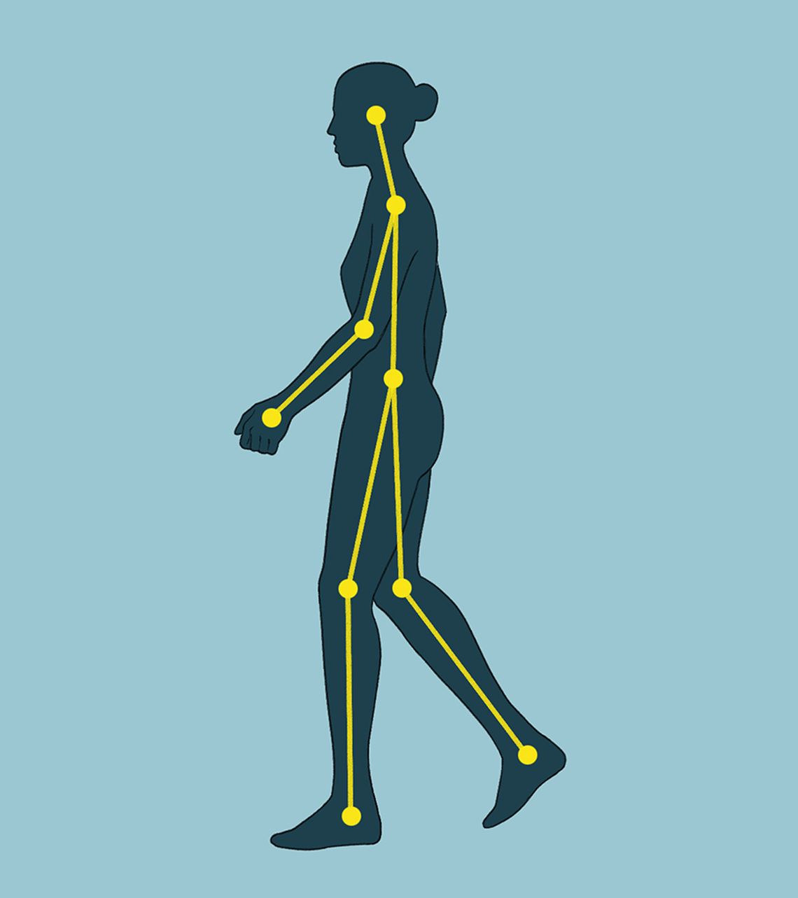 A blue-colored illustration shows a figure walking, overlaid with yellow tracking lines. 
