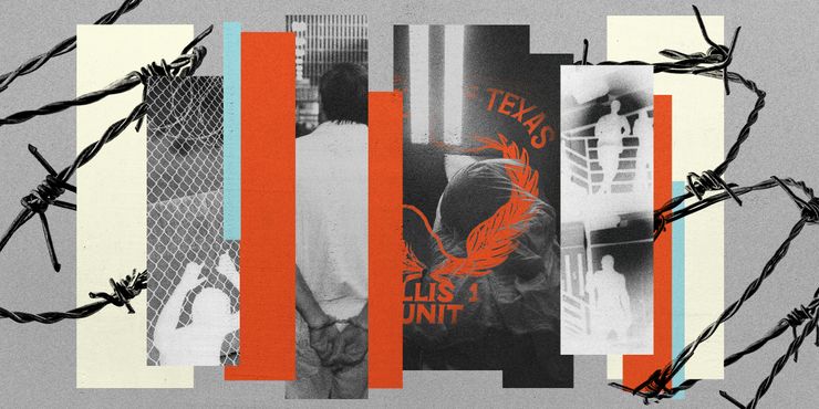 A photo illustration shows overlapping vertical bars, with a background of barbed wire.  Several of the vertical bars have images, including of fencing, a man in handcuffs, a man lying on a bed in a cell, and people in a prison.  