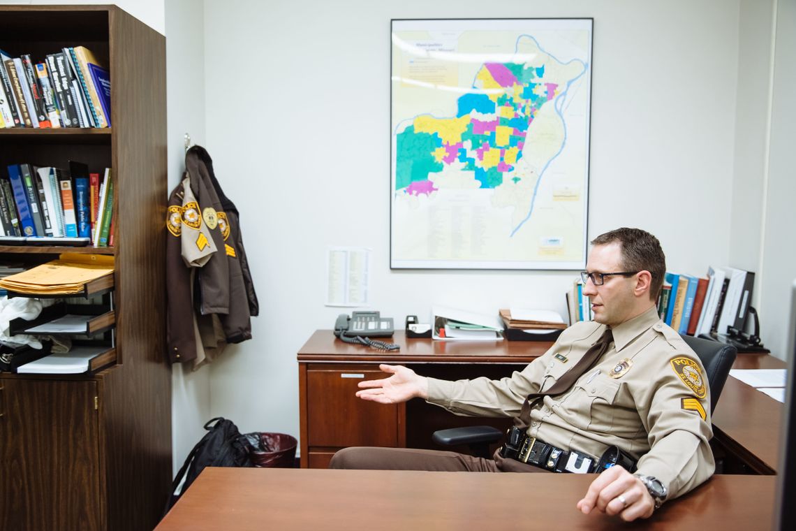 Sgt. Colby Dolly at the St. Louis County Police Department in Clayton, Mo., in December. 