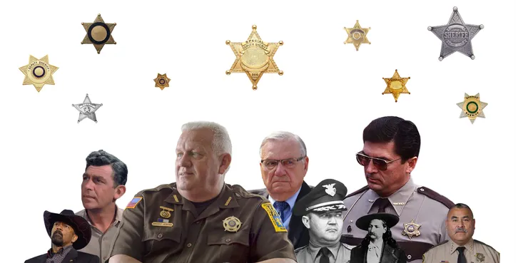 A photo collage composed of figures of, from left, former Milwaukee County, Wisconsin, Sheriff David Clarke, a Black man; fictional Sheriff Andy Taylor from “The Andy Griffith Show,” a White man; Frederick County, Maryland, Sheriff Chuck Jenkins, a White man; former Maricopa County, Arizona, Sheriff Joe Arpaio, a White man; Dallas County, Alabama, Sheriff Jim Clark, a White man; former Graham County, Arizona, Sheriff Richard Mack, a White man; Western lawman “Wild Bill” Hickok in 1860; and Grant County, New Mexico, Sheriff Frank Gomez. Sheriff's badges are scattered above the collage.