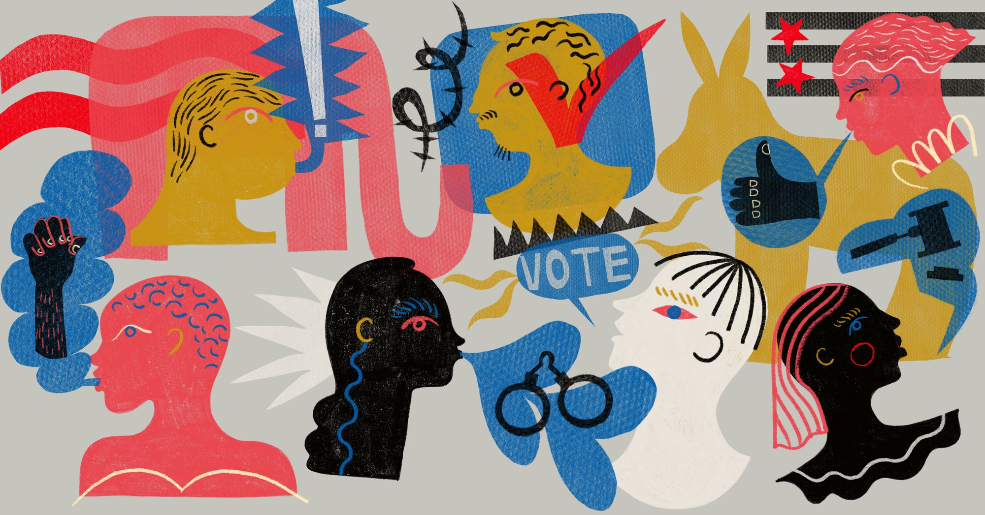 An illustration shows, from left, a person speaking with a raised fist in a speech bubble; an elephant symbolizing Republicans; a person speaking with an exclamation point in a speech bubble; a hint of barbed wire and a person’s head with a check mark; a person speaking with handcuffs in a speech bubble; a person’s head with “VOTE” in a speech bubble; a donkey symbolizing Democrats; a person with a thumbs-up in a speech bubble; a simplified image of a flag; and a person with medium-length hair speaking with a gavel in a speech bubble. The color scheme of the drawing is in marigold yellow, coral, blue, black, white and light gray. 
