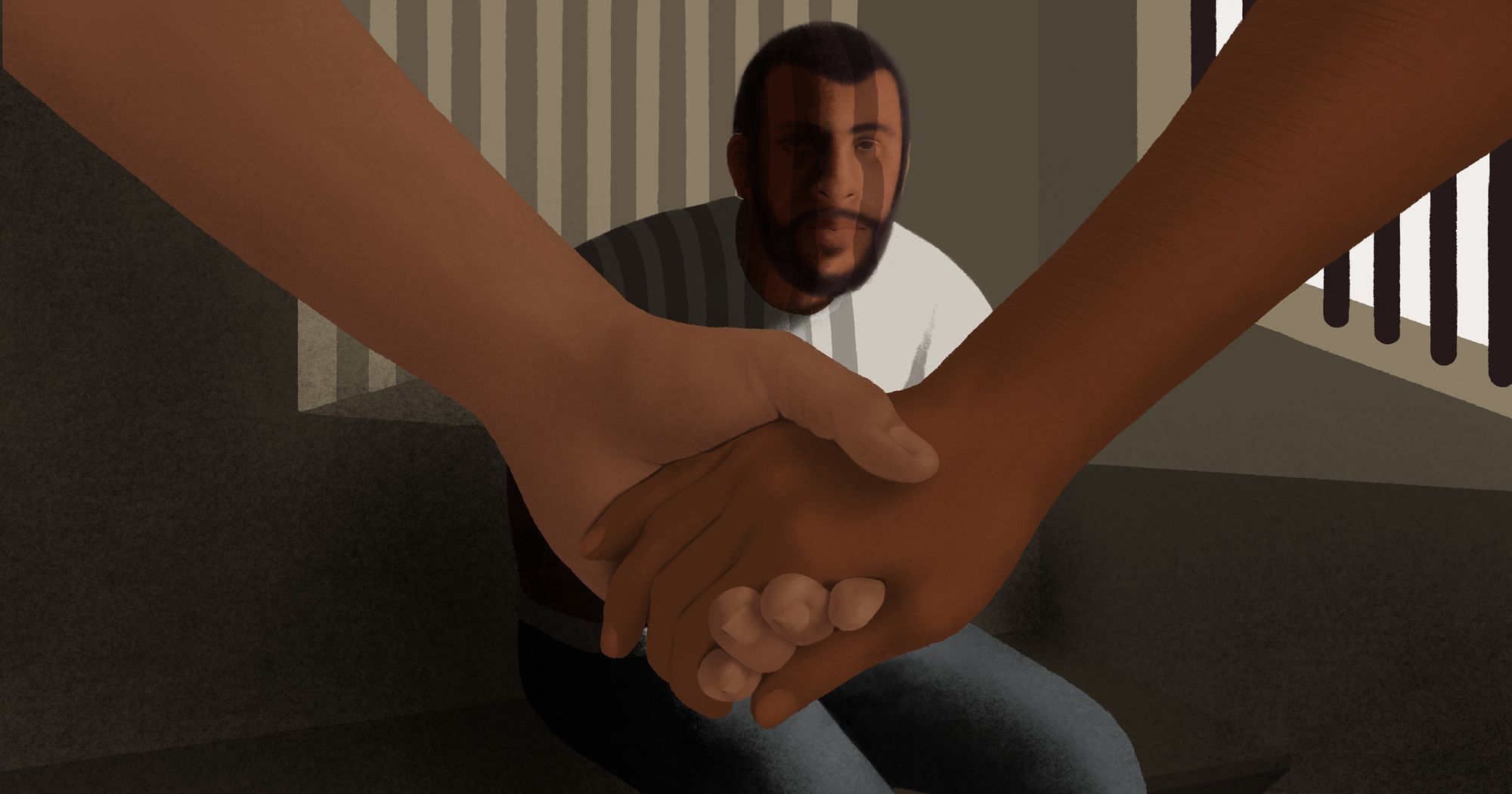 An illustration shows a bearded man with medium skin tone, wearing a white T-shirt and blue pants, sitting in the shadow of prison bars from a window. He is looking at two people of differing skin color holding hands in front of him.