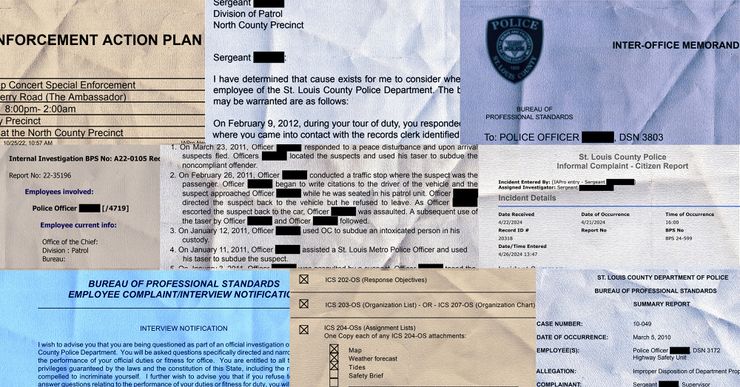 A blue, tan, and black-and-white collage shows clippings of various internal documents from local police departments with redacted names covered with black bars.