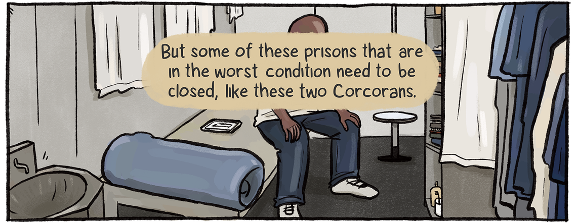 A view inside of a cell with Ajamu sitting on a bed, saying: “But some of these prisons that are in the worst condition need to be closed, like these two Corcorans.”
