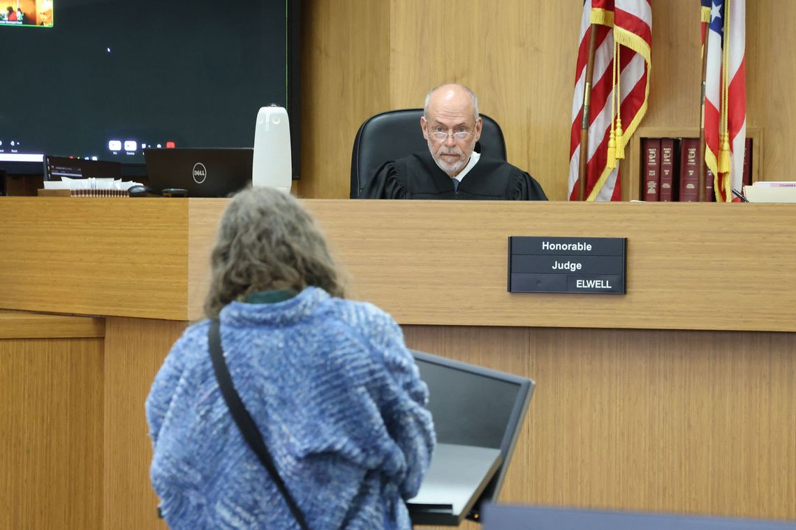 A balding White man wearing a black judge’s robe sits at the bench, while a person with gray hair and a blue jacket with their back to the camera makes their case to the judge. 