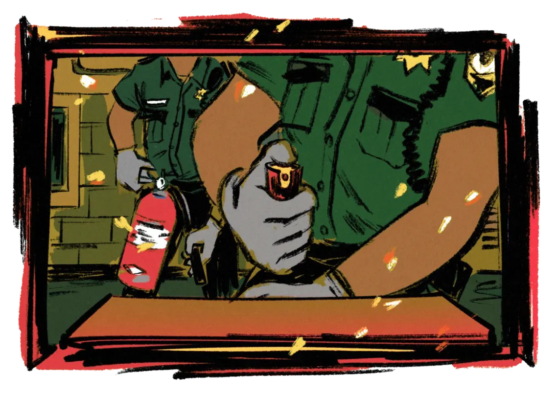 An illustration shows a prison guard wearing gloves, holding a can of pepper spray outside the slot of a cell door. A second guard stands in the back holding a red fire extinguisher.