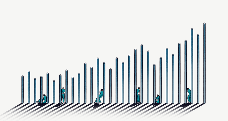 An illustration shows a bar graph with bars of varying heights. Leaning at the base of some of the individual bars are figures of people dressed in teal-colored jumpsuits. The bars and the people cast shadows at an angle on the ground.  