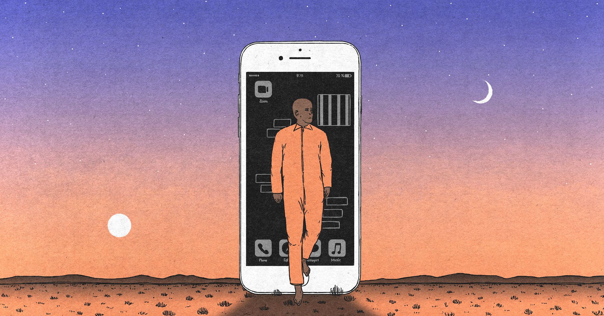 A Black man in an orange prison uniform steps out of a human-sized iPhone, and into a desert. In the background, there is a purple and orange sunset. 