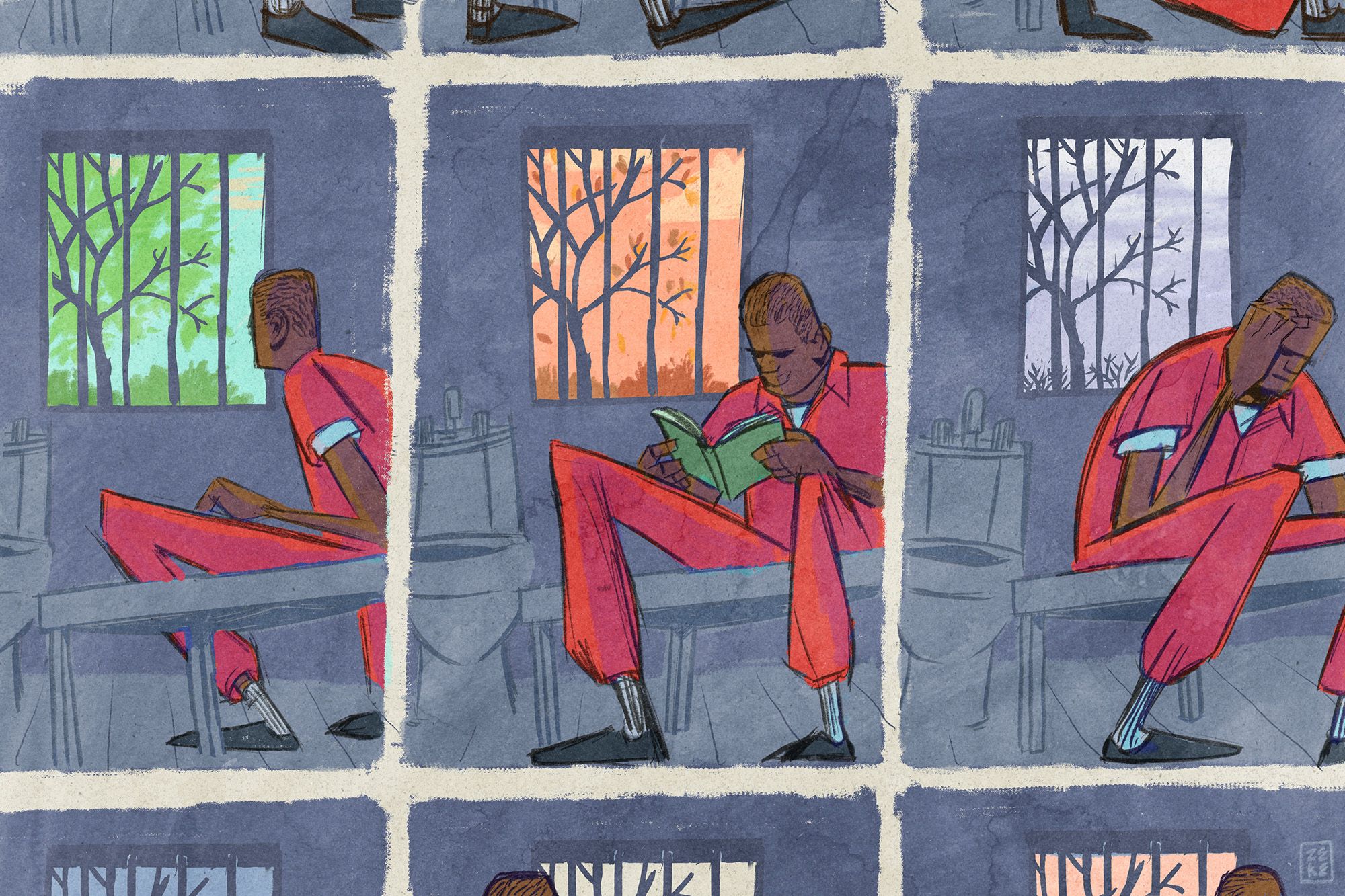 An illustration shows three panels of a Black man in a prison cell changing positions. The window in each panel changes, from green to orange to gray, to indicate seasons. 