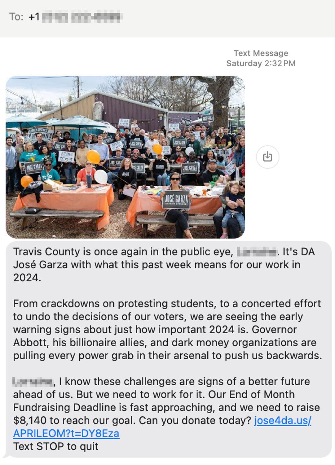 A screenshot shows a fundraising text message with a photograph of a group of people holding up signs reading "José Garza." 