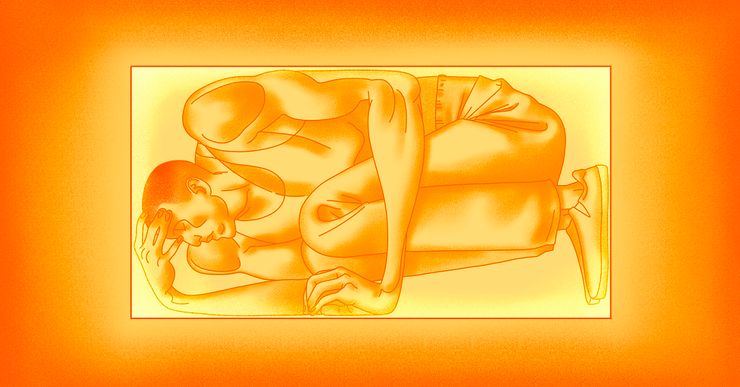 An illustration shows a yellow and orange illustration of a person, wearing a tank top, pants and shoes, laying down in a fetal position within a box. 