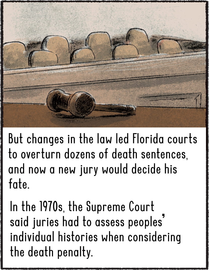 A judge’s gavel sits on a table, with the jurors’ box in the background. Changes in the law led Florida courts to overturn dozens of death sentences, and now a new jury would decide his fate. In the 1970s, the Supreme Court said juries had to assess peoples’ individual histories when considering the death penalty. 