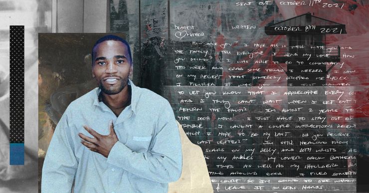  A photo collage shows Bobby Everson in a tan prison outfit in front of abstract paintings, an image of the U.S. penitentiary in Thomson, Illinois, and a handwritten letter. 