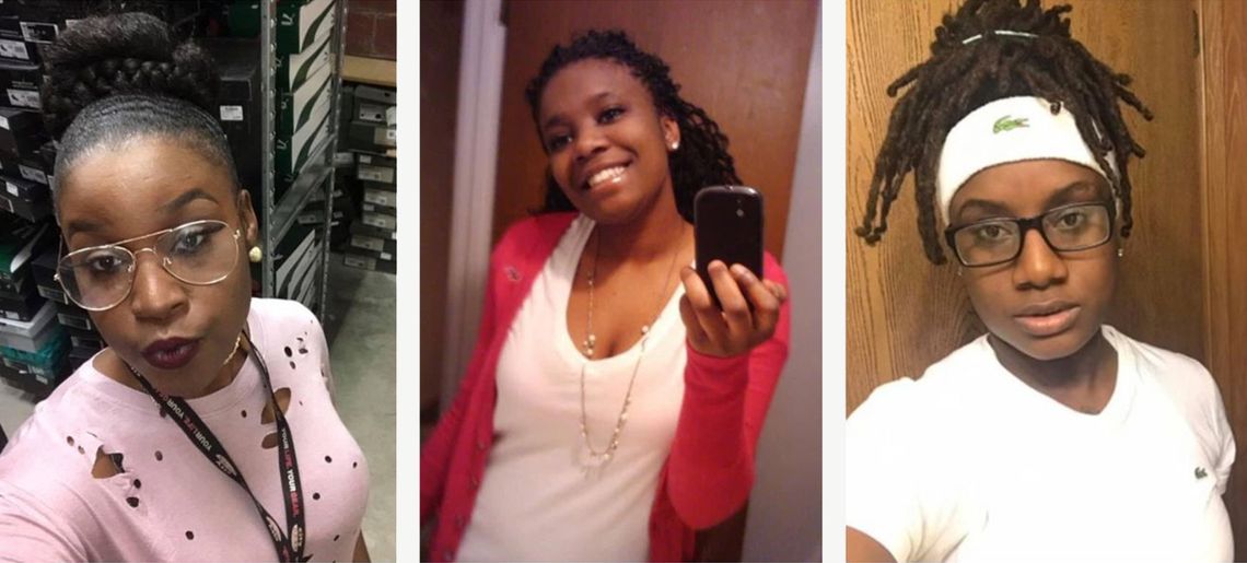 A collage of three young Black women. The first is wearing gold glasses and a pink sweater with holes. The second is wearing a white blouse and hot pink cardigan. The third is wearing black glasses and a white Lacoste shirt and headband.