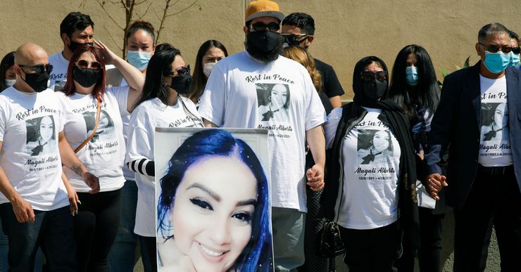 Family members of Magali Alberto, who was shot and killed at a traffic light, at a press conference held by the Los Angeles Police Department on May 28, 2020.