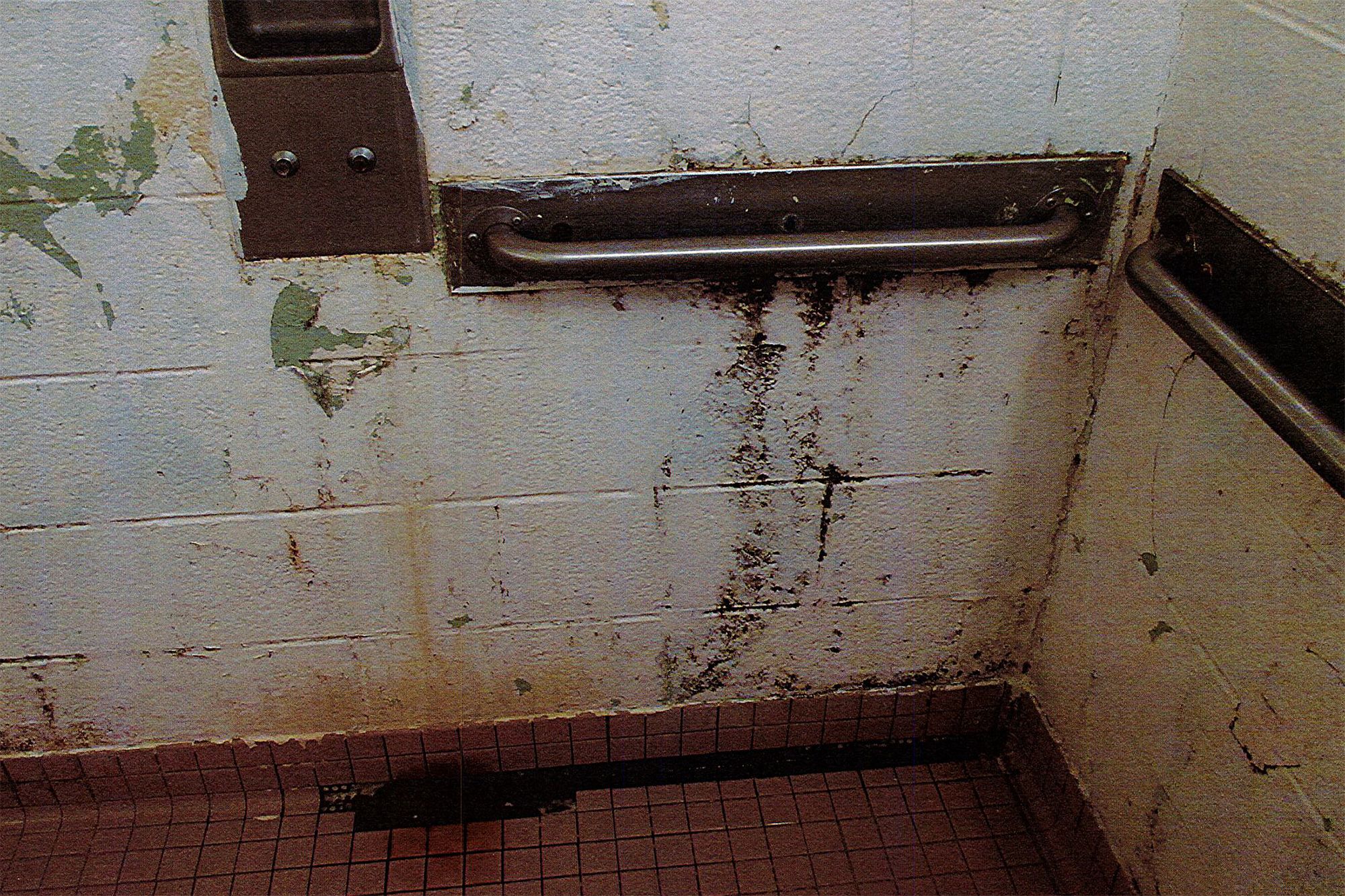 A photo shows a corner of a room with peeling paint, dirty walls, and two handrails attached to the walls. 