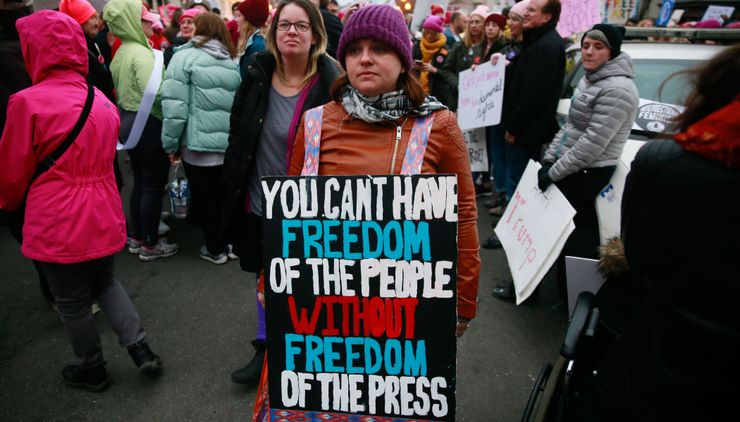 A women held a sign supporting freedom of the press at the Women’s March in Washington in 2017.  