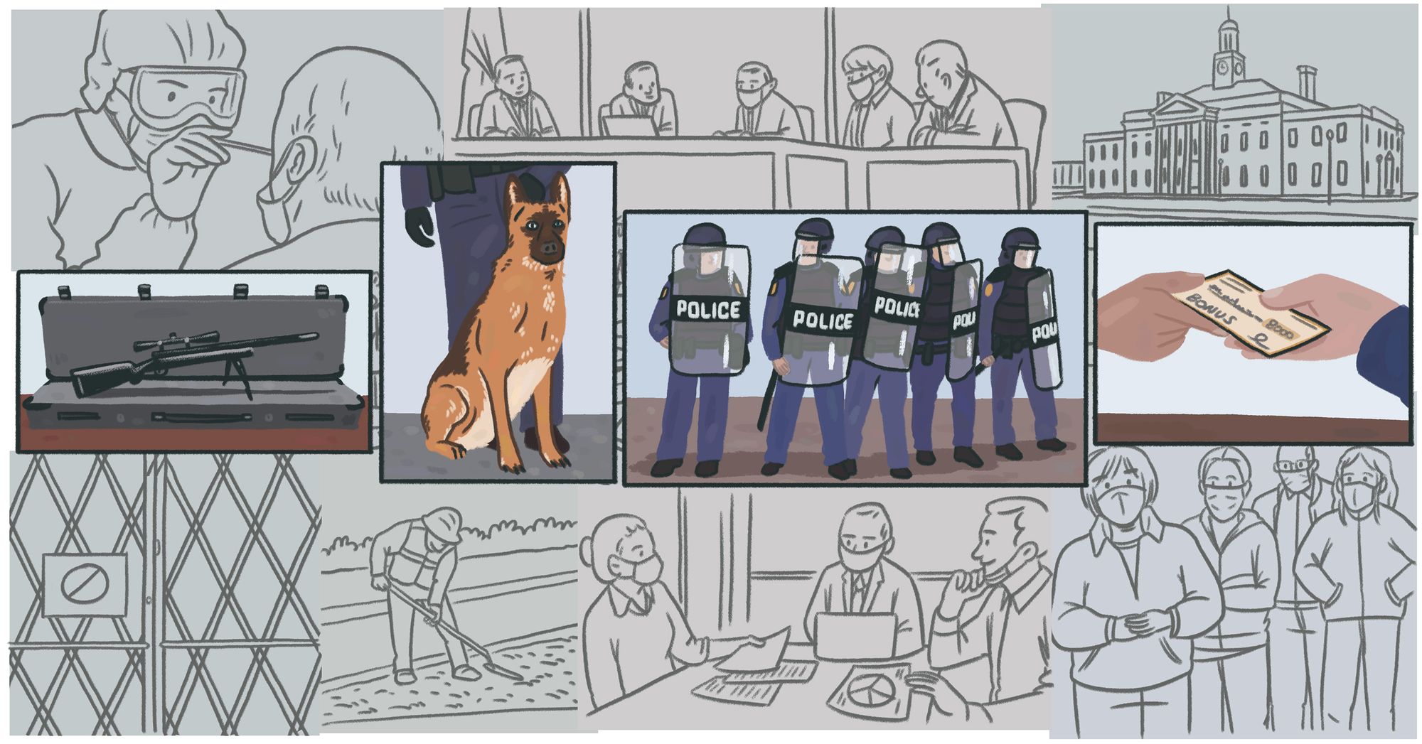 An illustration shows line drawings of a person getting a COVID test, people at a city council meeting, people beautifying city streets, and a group of people in masks in the background.  In the foreground are illustrations of, from left to right, a sniper rifle, a police K-9, police officers in riot gear, and a person receiving a bonus check.  