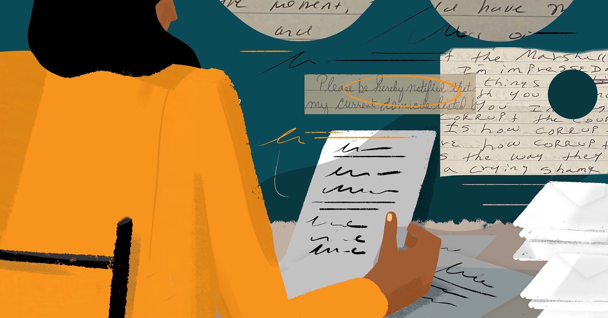 An illustration shows a person wearing a black head cover and an orange, long-sleeved shirt. The person is reading a letter at a desk with stacks of envelopes on it. A collage of letters showing different styles of penmanship are in the background. 