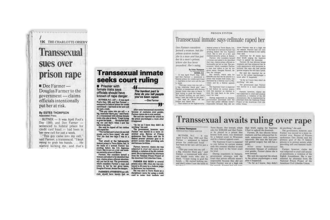 A collage of newspaper clippings with the headlines: “Transsexual sues over prison rape,” “Transsexual inmate seeks court ruling,” “Transsexual awaits ruling over rape,” “Transsexual inmate says cellmate raped her.” 