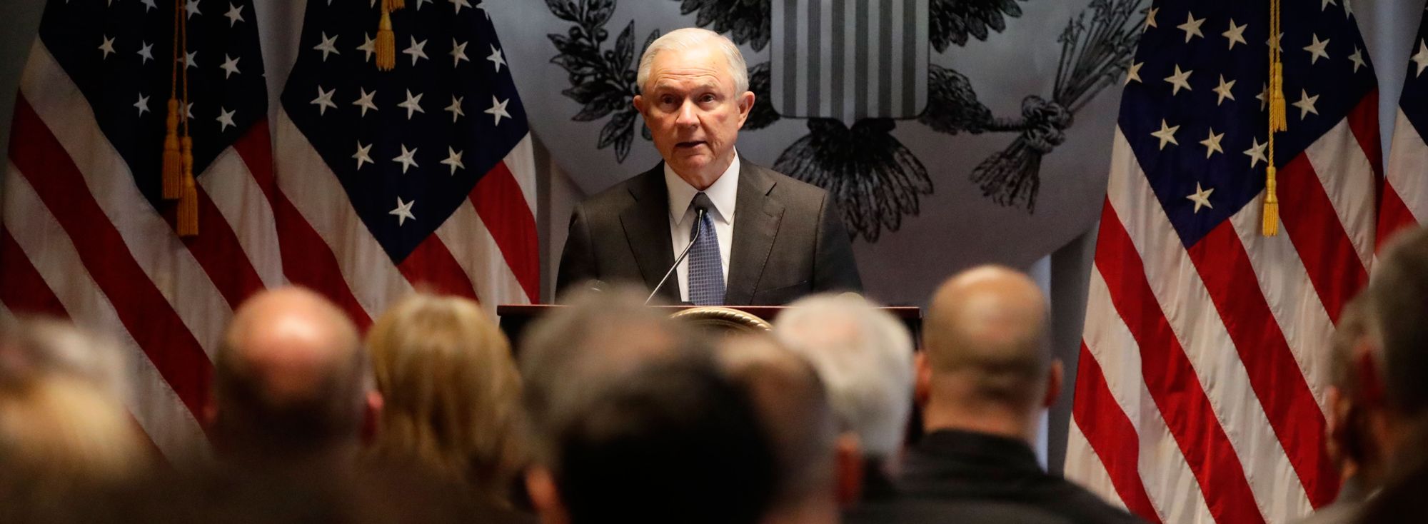 Attorney General Jeff Sessions speaks to federal, state and local law enforcement on Long Island, N.Y., in April, 2017.